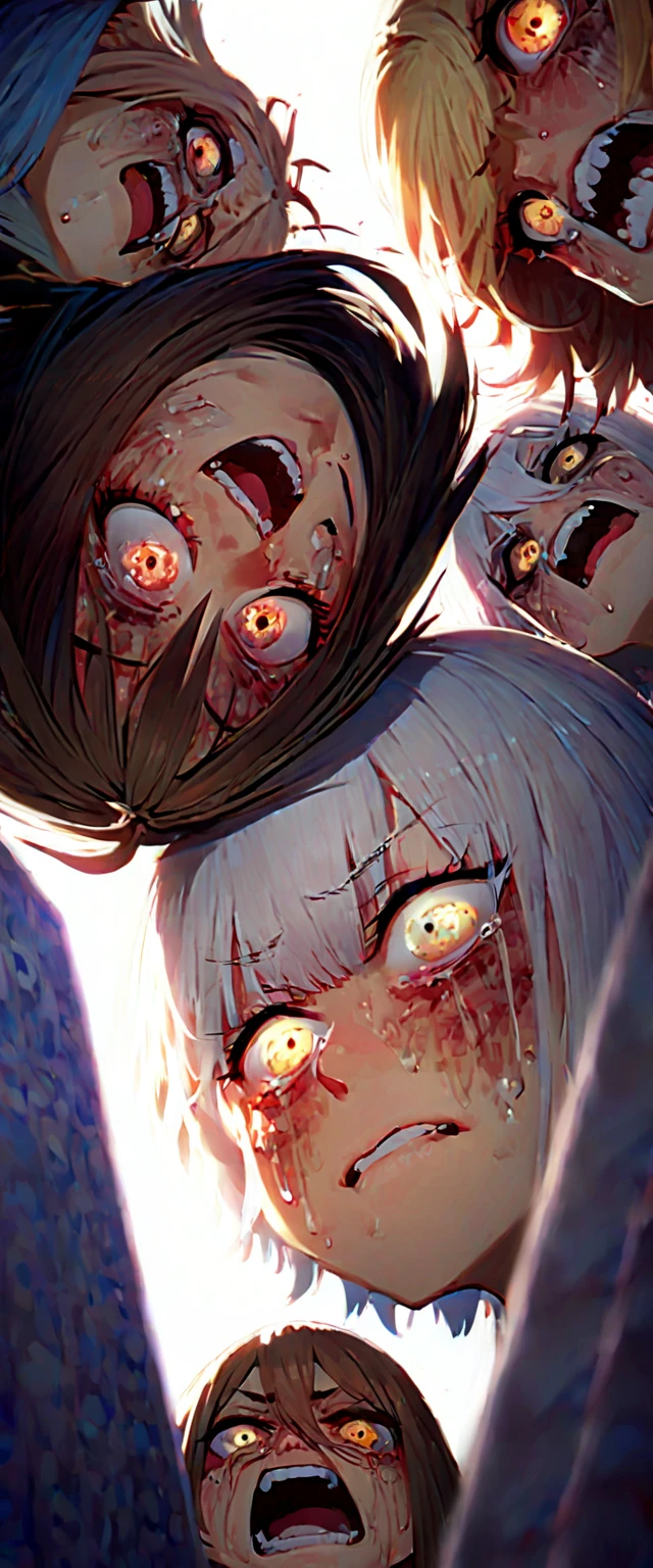 Anime beautiful girl, zombie, screaming, bloodshed, bleeding, bloodstain, blood mist, infection, madness, assault, surprise attack, seclusion, optics, tattered