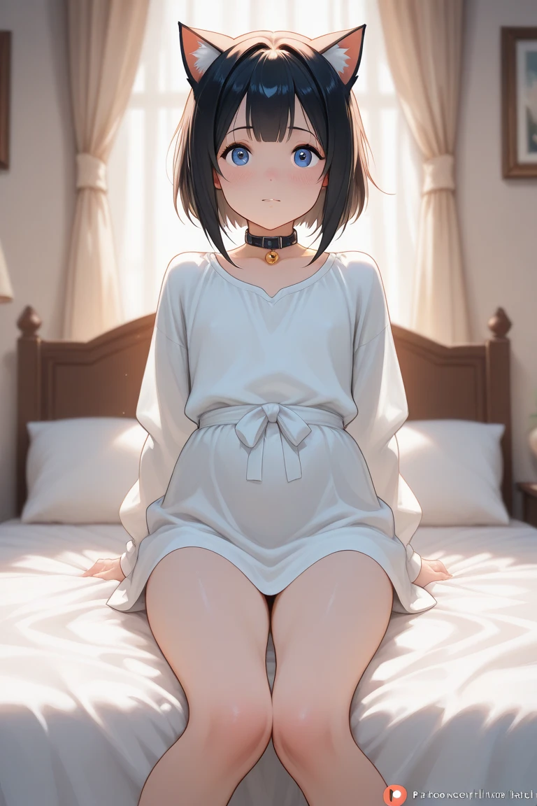 nsfw,((1boy and 1girl,having sex)),??????? top,straddling,on,bed,Highest quality、Very delicate and beautiful、I、((12 years old ))、Japanese Girl、Primary school students、((Very short bangs))、((Bangs))、Brown Hair、((Short Bob))、Cute face、Cute like an idol、Yellow Eyes、Are thin、Slim figure、Bright room、Daytime、Sweat、Nice thighs、