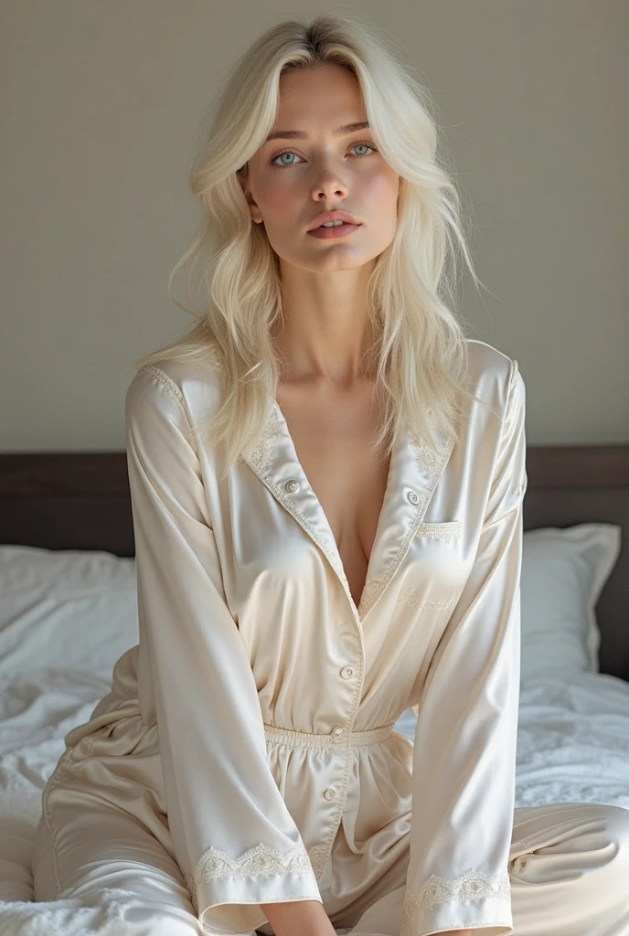 Beautiful young woman, 19 years old, pale white skin, yellow blonde hair, green eyes, full lips, slim, very small breasts, medium ass, ((wearing a red pajama robe)), (sensual pose), (in her living room), 8k, extremely detailed and realistic, white lighting.