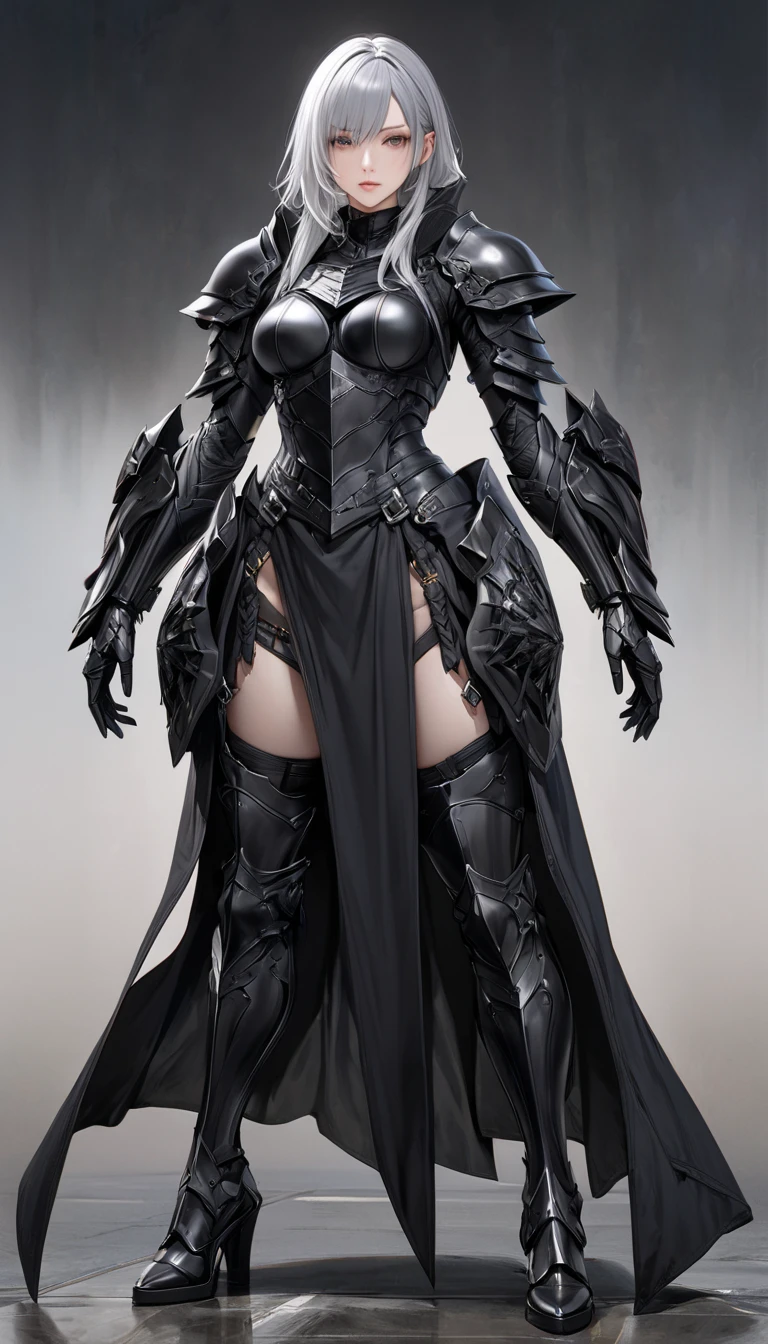 a woman in a black and white outfit with a bat, pale black armor, dark sorceress full view, from arknights, dark sorceress fullbody pose, glossy white armor, the queen of blades, silver eyes full body, but the armor covers her face, black shiny armor, armor girl, queen of blades, with sleek silver armor, full magic armor,