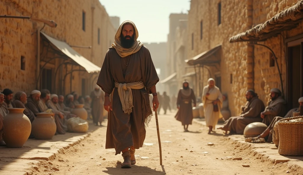 Light-skinned man, brown hair and beard, bone-colored tunic, brown short skirt, sandals tied to the shins, sky blue cloak walks in the middle of a stone esplanade where there are several men dressed in tunics and cloaks typical of 1st century Israel, There are also trading stalls and on the sides a large wall with many stone columns.
