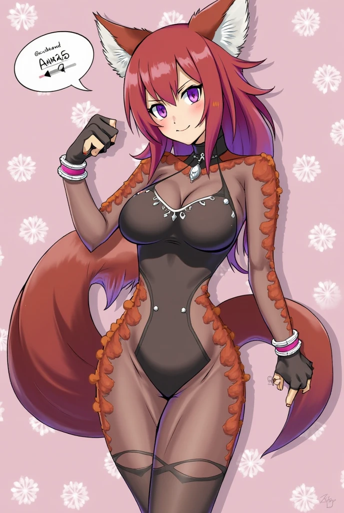 a redhead woman, very long hair falling to butt height. She is wearing a purple blouse that highlights her large breasts.. She has red fox ears, with the inside of the ears in light pink, and a red fox tail with a light pink tip. Only his left arm is completely tattooed. She has fair white skin and a slim body with blue eyes.