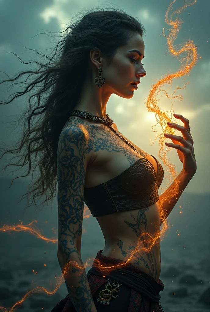 Femme arafed avec des tatouages et un collier avec un papillon sur la poitrine, femme faite de flammes noires, seductive cyberpunk dark fantasy, beautiful cyberpunk woman model, portrait pris, Moteur Unreal : : Maquillage rave, High quality fantastic photo, aetherpunk airbrush digital art, Portrait de Demon Girl, Photographie de portrait artistique 8k, Airbrush Digital Art, Flames surround it
