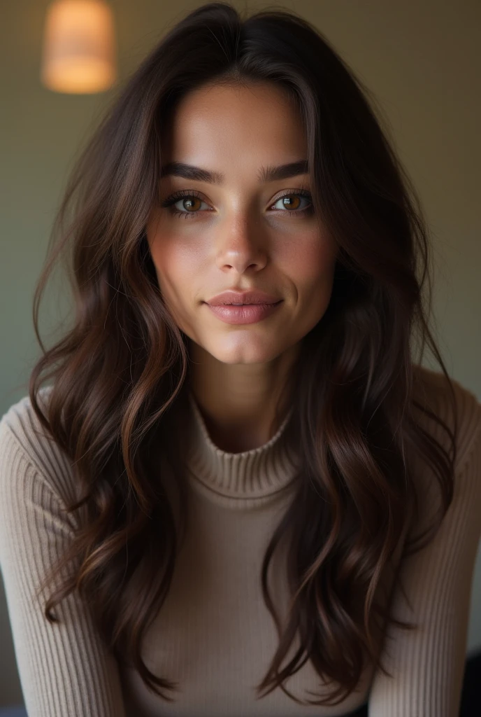 une femme brune, yeux verts, environ 27 ans avec des cheveux assez longs