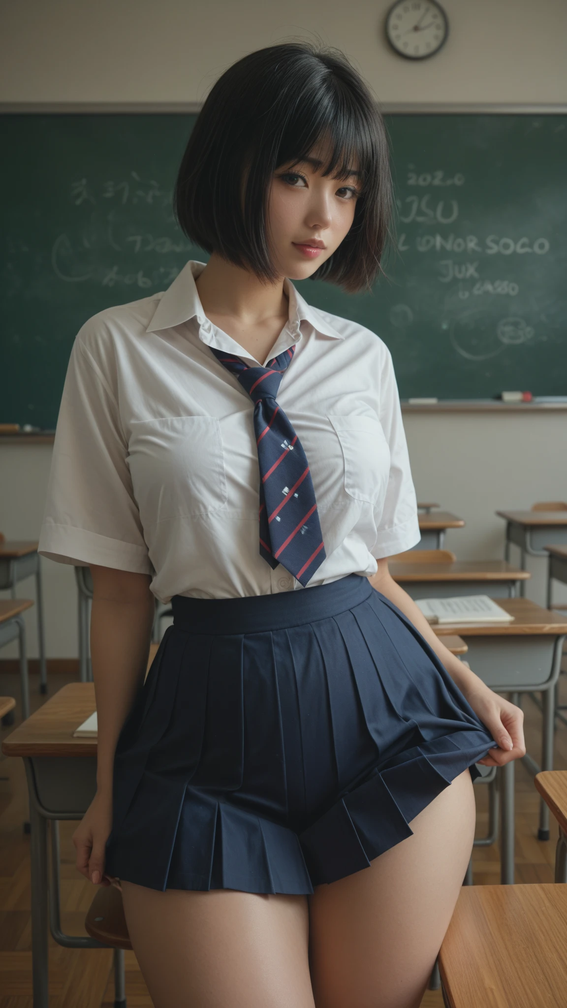 ((Roll up your skirt)), Pleated skirt, blush, Round face, (Droopy eyes), blush, ((((Embarrassed face)))) ((Spread your legs))classroom、beautiful girl、(真面目そうなbeautiful girl)Light brown hair、(((Pussy、Pussy)))、((Short Bob Hair))