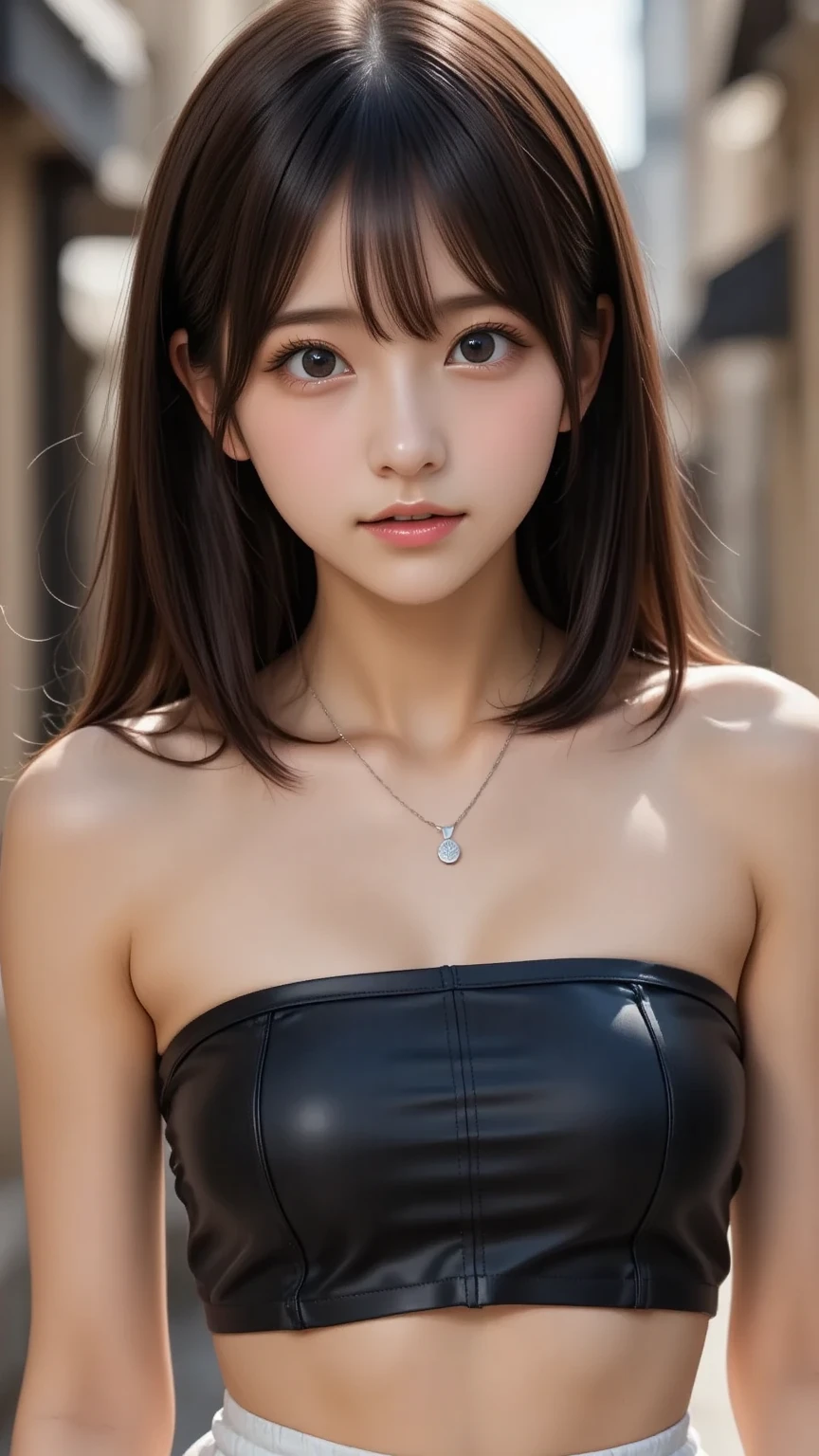 A woman wearing a black leotard taking a photo, black light on、smooth black skin, Black body,　Cute girl in a shiny black suit、Black background,　Neck choker, gargantilha, (((small tit、flat boobs、small tit、small tits))), (Shiny skin:1.5), , latex shiny, Wearing a latex costume, wearing tight suit, Top quality glossy metallic glossy skin、​masterpiece、超A high resolution、(Photorealsitic:1.4)、Raw photo、女の子1人、Brown hair、glowy skin、1 Mechanical Girl、((super realistic details))、portlate、globalillumination、Shadow、octan render、8K、ultrasharp、metals、Details of complex ornaments、Japan details、highly intricate detail、、CGSoation Trends、glowing brown eyes、Facing the camera、neon details、Mechanical limbs、blood vessels connected to tubes、Mechanical vertebrae attached to the back、mechanical cervical attaching to neck、sitting on、Wires and cables connecting to the head、Gundam、Small LED lamp、(1girl eyes looking at viewer:1.55), (Medium Hair, Brown hair, parted hair:1.45), (Bokeh),　8 years old girl