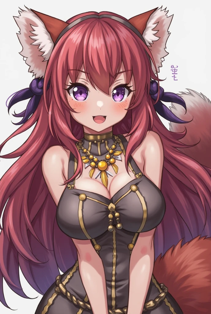 Masterpiece, Best Quality, 8K, (Smile: 1.3), Big, Clearly Visible Cleavage, Accentuated Cleavage, Chest-Sticking Costume, (Huge Breasts: 1.5), Perfect Breasts, Amazing Bust, Taut Bust, (Red Costume: 1.3), (Sailor Suit: 1.2), Pleated Skirt, (Mini Skirt: 1.2), Garter Belt, Knee High Socks, High Heels, Boots, Long Hair, brown hair, black ribbon, horse ears, tail, right hand placed on the back of the head, left hand on the hip, wink, moist eyes, estrus expression, shy face, blush, shy figure, ???????