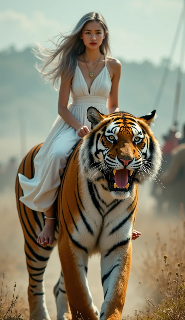 woman in clown makeup riding Japanese lion, 20s, moss growing on skin, disgusting, dirty