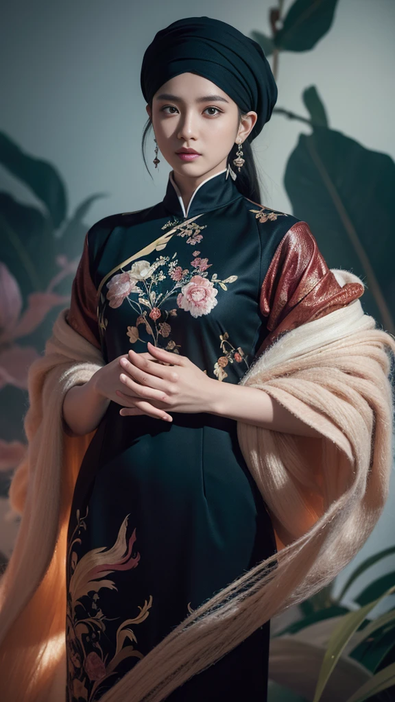 (Ultra-detailed, photorealistic, best quality, 4k, 8k, highres, masterpiece:1.3), (Vogue magazine cover), (Vogue Style Cover), 1 female, age 18, Vietnamese, tan skin, perfect body shape, super elegant appearance, wearing an Oriental Renaissance Aodai - Vietnamese traditional clothes, intricate Renaissance-inspired patterns, rich colors like deep red, gold, and emerald green, delicate lace details, high collar, puffed sleeves, standing confidently, full body showcase, no logos on background, sophisticated and artistic background to complement the model, timeless beauty, blend of Eastern and Western art.