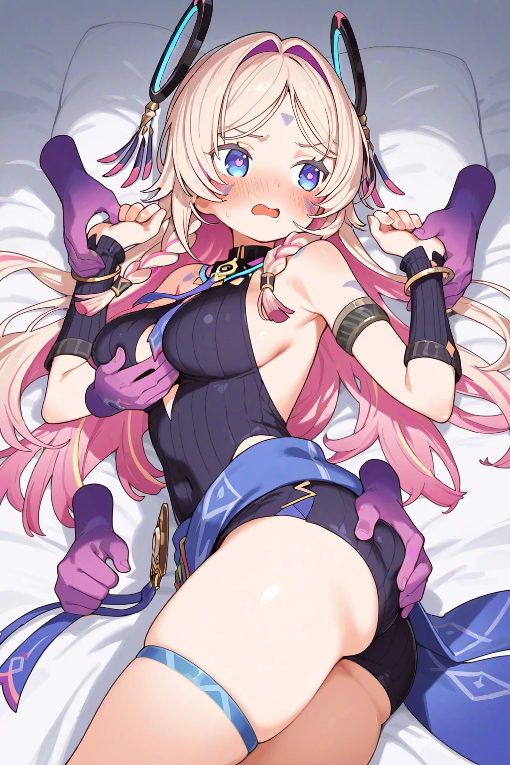 Masterpiece, Best Quality, illustration, city, 1girl, Mordred \(fate\), collarbone, Detailed blond hair ponytail braid, green eyes,,navel,thigh-high, covered_pussy,flat_chest,long_sworddangerousbeast,elbow_gloves,
,wolf_tail,wolf_ears,fang,happy,nihil,smile,spread_legs,claw_pose,armpits,open_mouth,angry,squat,bikini_bottoms,rise_hands,Highquality_hads,perfect_fingers,sweat,