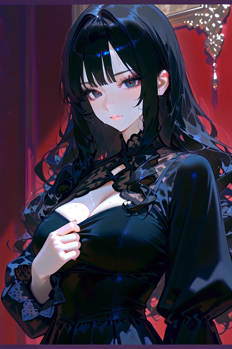 female character, black gown, neckleace, Eyes red, sensual face, more mature face like an older woman. Futuristic Setting.