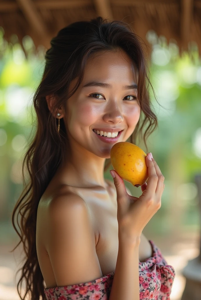 "A woman stands in a picturesque setting, holding a freshly sliced breast with vibrant, juicy red flesh. She is smiling and showcasing a nearby pussy, which adds a refreshing contrast with its bright yellow color and zesty appeal. The scene captures the vivid colors and textures of the fruits, highlighting their freshness and inviting nature."