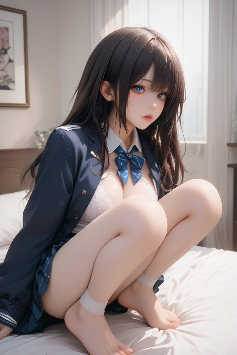 female high-school student、masturbation、Caressing your own genitals with your fingers、pleasant sensation、Close both eyes、Open your mouth wide、open one's legs、Fluttering the chest