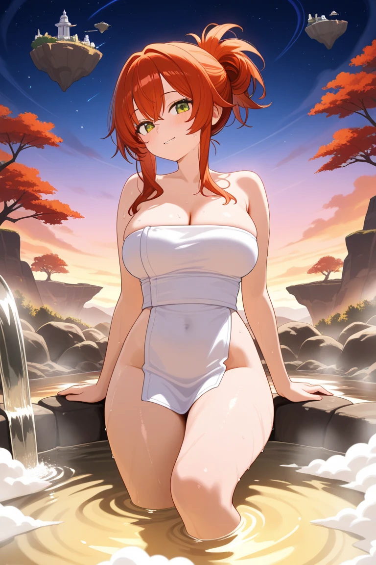 (best quality, 4k, highres, masterpiece:1.2), (realistic, photorealistic:1.37) A white woman with fiery red-orange hair, mesmerizing green eyes, and a flawless body. She stands at 1.70 meters tall with medium-sized breasts. She is swimming in a partially submerged state in a serene lake, completely naked. Her gaze is fixated on the starry night sky above. Medium: Oil painting Additional details: The moonlight creates a soft glow on the water's surface, casting a gentle reflection on her skin. Surrounding the lake are tall, lush trees, creating a sense of tranquility and adding an element of mystery to the scene. The woman's flowing hair and the ripples in the water indicate her graceful movement. The colors are vivid and intentionally chosen to enhance the overall mood of the painting. Artistic style: Realism, Romanticism Color palette: Deep blues, rich greens, warm oranges, and soft purples Lighting: Soft moonlight illuminates the scene, creating a gentle contrast between light and shadow. The starry night sky adds a touch of magic, with twinkling lights scattered across the deep blue backdrop. Remember, you don't need to include any explanations or the meaning of the prompt.