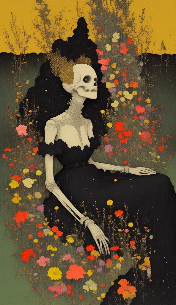fantasy Art Deco black-toned background, white pattern_dress, a coloured line drawing of a mature copper-toned Ukrainian medusa sitting in a postapocalyptic urban landscape, ruined buildings, trees, vines, holding a bouquet of flowers in a cemetery, crisp lines, skin imperfections <lora:pattern_dress_xl_v1:1>