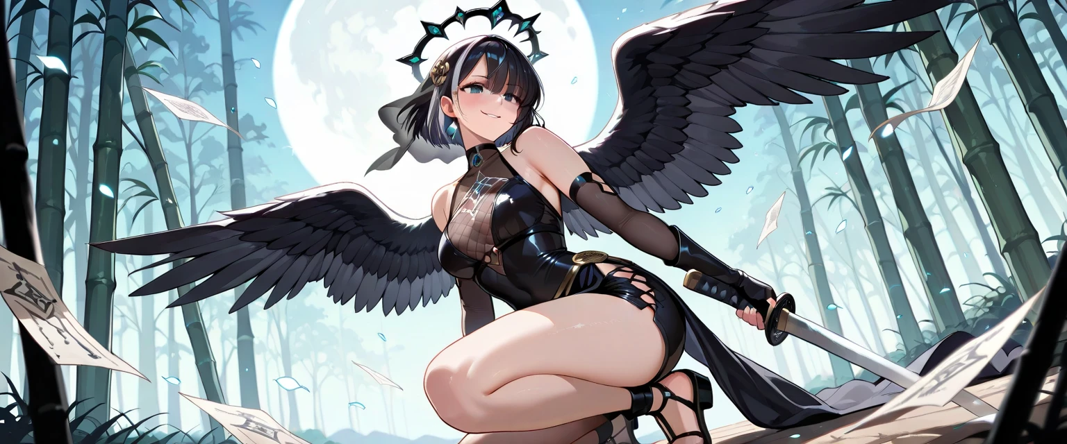 (1 seraphim girl standing on peak of frozen snowy mountain) higher than overcast, blowing frozen wind, (solo), swinging back, multiple wings, (she has 12 wings on her back), (6 white wings:1.5) and (6 black wings:1.5), BREAK, (wearing nothing without a lace trimmed sheer short black chemise:1.8), (black plunging neckline), too short black skirt flapping by wind, stiletto heels, BREAK, (black short hair:1.3), sidelocks, black eyes, collarbone, (bouncing large breasts), cleavage, inconceivably narrow waist, (bared skinny arms), (bared skinny long legs), thigh gap, tiptoe, BREAK, baby face, nose blush, smile for viewer, open mouth, orgasm, BREAK, full body, (extremely detailed CG unity 8k wallpaper), (beautiful detailed), (ultra high resolution), (masterpiece:1.2), (best quality), (beautiful illustration)