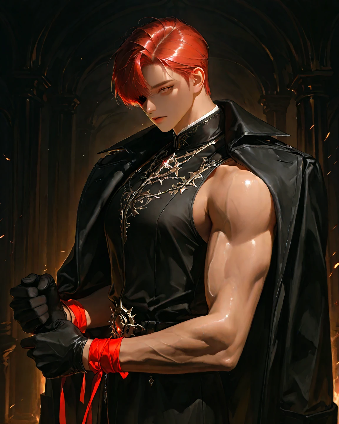 muscular man, Inventor, fantasy world, Red hair, Blue eyes, 40 years, bristle, tight clothes, short hair, black latex,