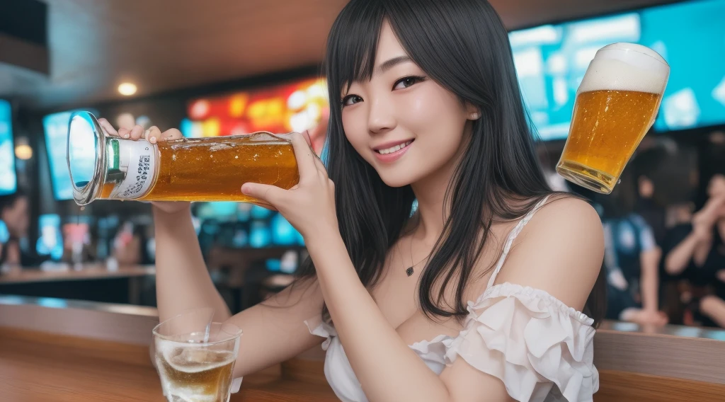 A very cute face like an idol、Looks like a young face、20-year-old female、Gentle and cute、A kind smile、Cleavage、A crowded bar、Toast with a beer mug、Natural light、whole body、RAW Photos、Genuine、Artistic、Real Stick、High resolution、Genuine Life、No copyright notice