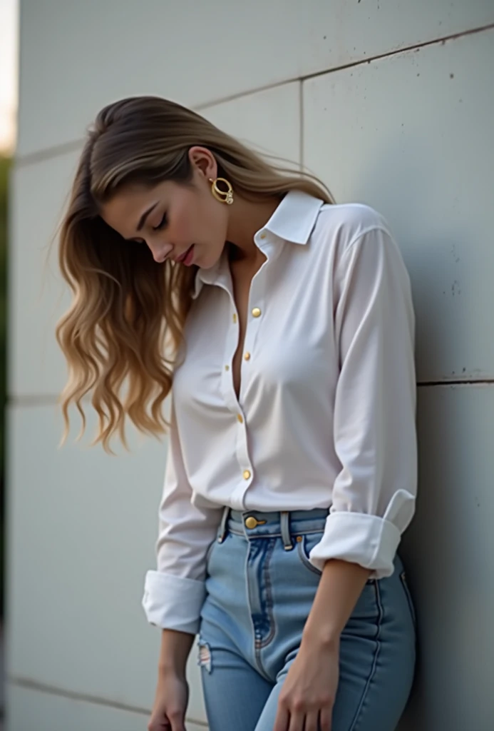 A 20-year-old blonde woman, ((pecho mediano grande)), lounge, ((hiperrealismo)) escote, juguetona, Pelo muy largo, Hair with light brown roots, tetas grandes, Light brown roots, cabello rubio, Visible background of garden and flowers, comida, luz del sol en la cara, cabello extra largo, ropa elegante, ropa elegante, foto tomada con iPhone, fondo visible tomada con iPhone, Calidad del iPhone, Pose del modelo, Artistic photo, Camisa sin mangas, muy realista