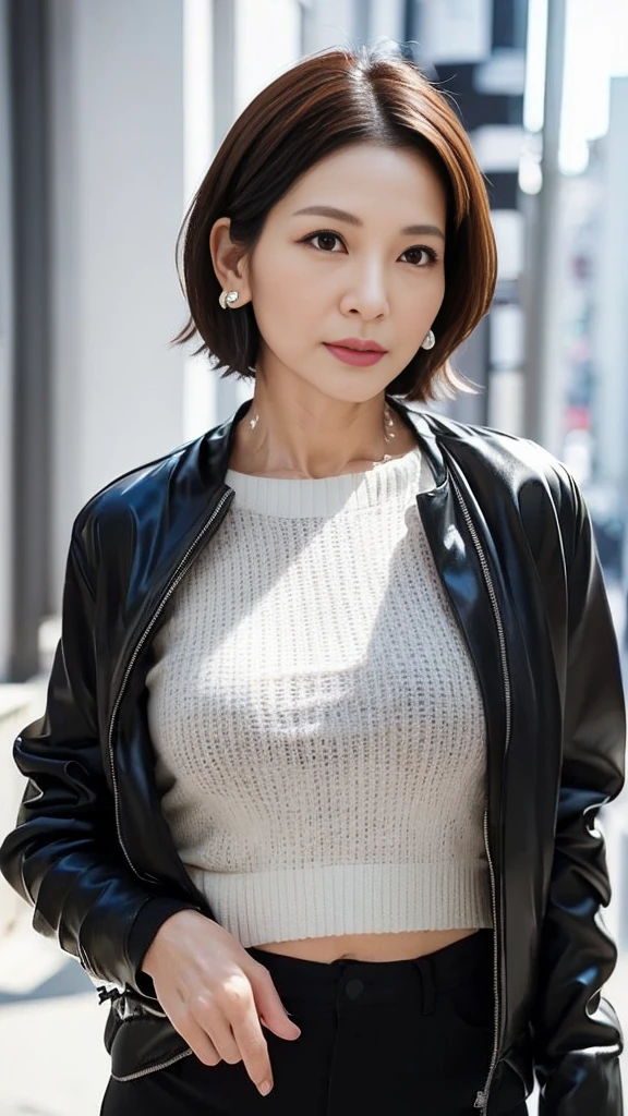 ((top-quality)), long legged, foco nítido:1.2, Beautiful woman with perfect body shape:1.4, Slender Abs:1.1, ((dark brown short hair、Colossal tits:1.2)), (Shiny Silver Tight T-Shirt, The sheen、Standing Black Spats:1.2), Detailed face and skin texture, A detailed eye,Squatting in the room