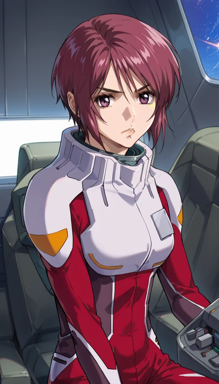 masterpiece, best quality, highres, 1girl, solo, short hair, ahoge, red hair, purple eyes, purple hair, pilot suit, gloves, <lora:lunamaria_hawke_v10:0.7>, cowboy shot, standing,