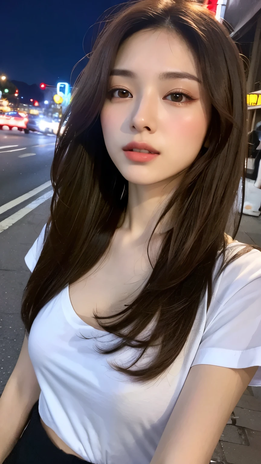 ((Realistic lighting、top-quality、8k、masterpiece:1.3))、Clear Focus:1.2、1girl in、flawless beauty:1.4、huge tit:1.2、Slim abs:1.1、((dark brown hair)), White T-shirts, (outside of house、natta:1.1)、Street、Super fine face、finely eye、double eyelid、