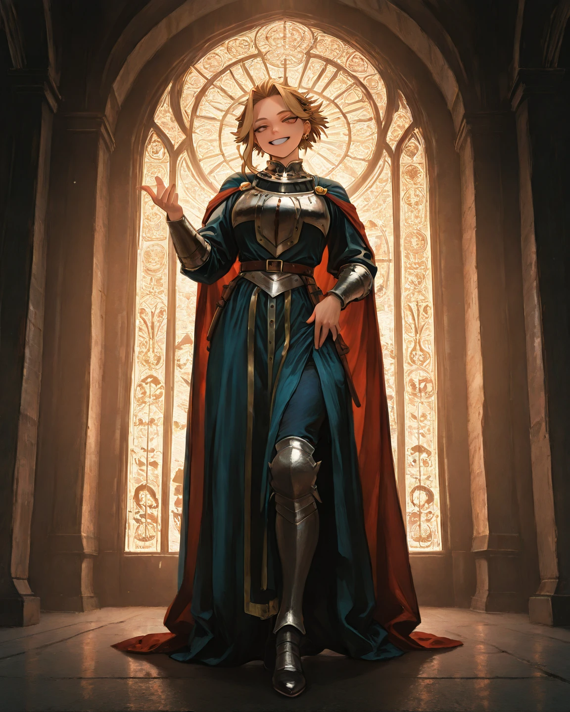 Top image quality、masterpiece、Leyendecker's style、Fantasy 3D、Overlook the medieval city from a high point、Nordic beautiful girl、Eyes closed、Smirking expression、Pretty small face、Light makeup、Two cat ears、Platinum blonde short hair、tiny chest、short waist、Big ass、Sit up、alchemist、Full body like、Holding a magic wand in his right hand、Holding nothing in your left hand、Gothic dress with long sleeves、long skirt、Leather shoes、thirds rule、Ultra wide angle high angle