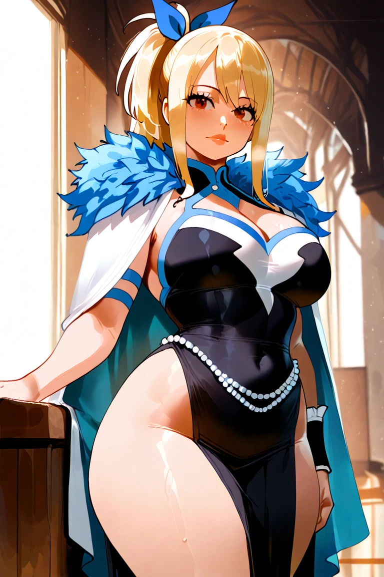 1girl, ultra high res, large chest, body suit, covered navel, cape, smile