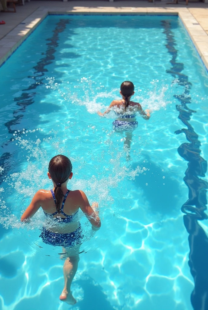 An overhead shot of a swimming pool with a clear view of the bottom, showing a person standing in the water, making the pool appear shallower than it is.