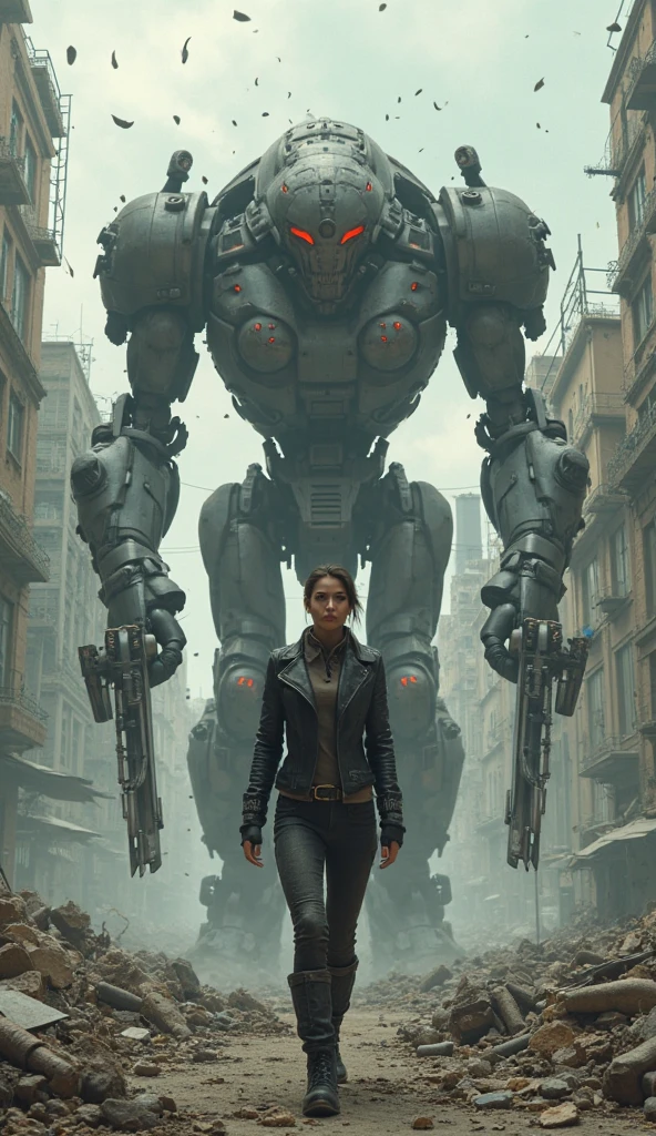 superrealism, ultra high res,8k,(Photorealsitic:1.4), (WWⅡ-like mechanical suit), Collapsed Cities, heavy weapons,vivid textures, beautiful hair, Spaniard female soldier,(ultra beautiful face),legs, ((super realistic all textures)), ((super intricate all details)), full body shot, ultra sharp photo result, beige color, scratch, Rust, weathering, Sweat, move, operational action in progress, steampunk, taken with Fuji film X-T30+Nokton. HDR10,Minimum of 4 pieces created
