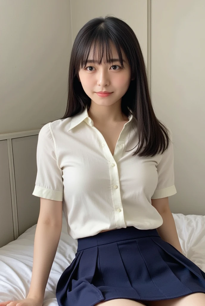 ((Best of the highest quality, 8k, Masterpiece: 1.3, raw photo)), Sharp focus: 1.2, (1 AESPA, slim body type female, 21 y/o: 1.1), (Solo: 1.2), (realistic, photo-realistic:1.37), face focus, cute face, finely eyes, (small breasts, flat chest, Thigh: 1.3), (short messy hair, bangs, updo: 1.28), (business shirt, neat panties: 1.32), sitting dining cafe, (sun light, spread legs: 1.2)