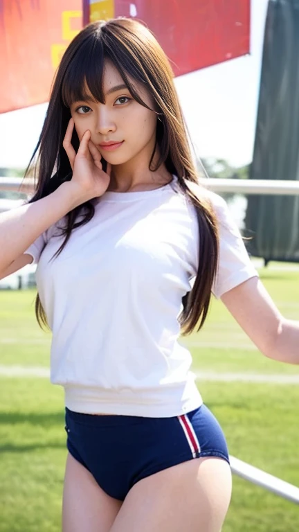 (8k,Ultra-high resolution,Highest quality,masterpiece,Realistic,Ultra-high resolution,High-quality RAW color photos,Professional photos,Realistic,Realistic),Natural skin texture,Fine skin,Hyperrealism,Intricate details,Adult women,Eye highlights.Lip gloss,Glossy Lips,(Cute smile,Semi-long hair,Dark blonde hair,bangs),(gigantic breast,Big Breasts),(((white short-sleeved gym uniform,Navy bloomers),sneakers)),((Athletics Stadium),open legs,spread legs),grabbing breast