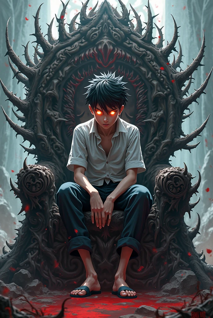 BREAK Kurapika, 1boy, male, in darkness, eyes glowing red, sitting in chair, staring at camera, hunched over in chair body towards camera, menacing, 4K, masterpiece level, vivid, red particles from eyes, in pitch black room, black suit, legs pointed towards camera, high detail eyes