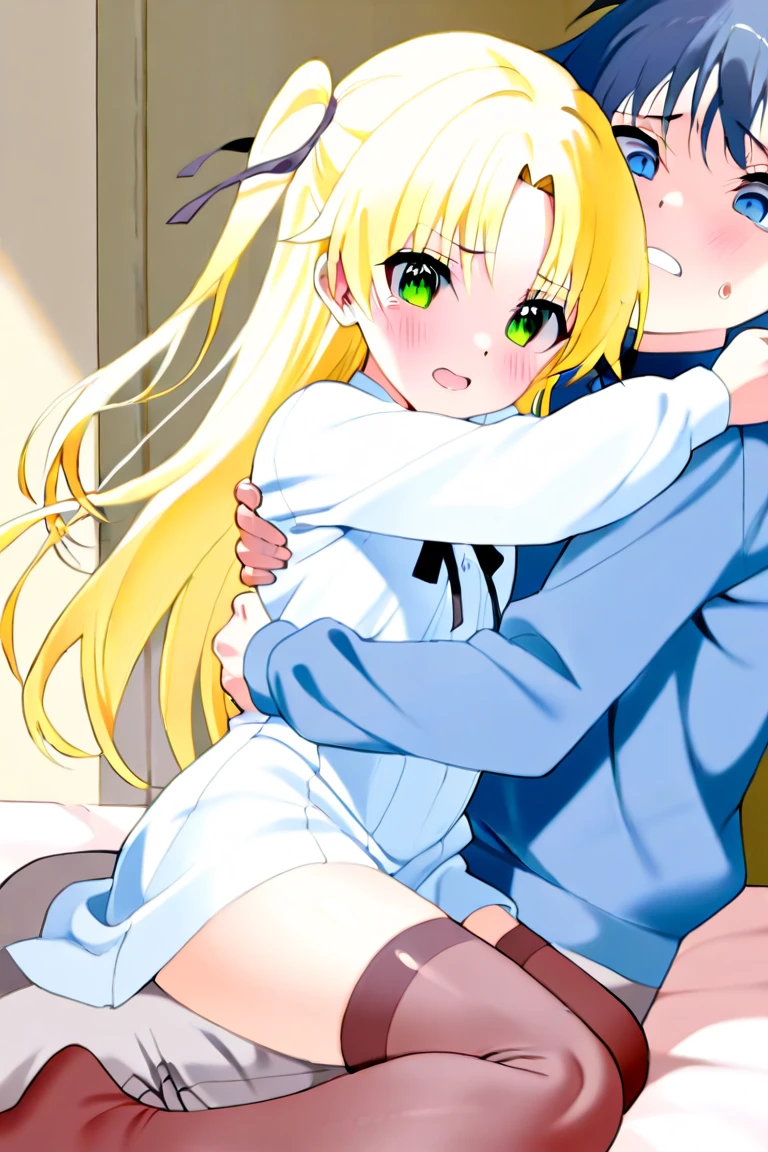 nsfw,1 male,Sweat,White Breath,Pokémon,Lillie,,sit,room,Side view,Having her breasts massaged from behind,Embarrassed expression,