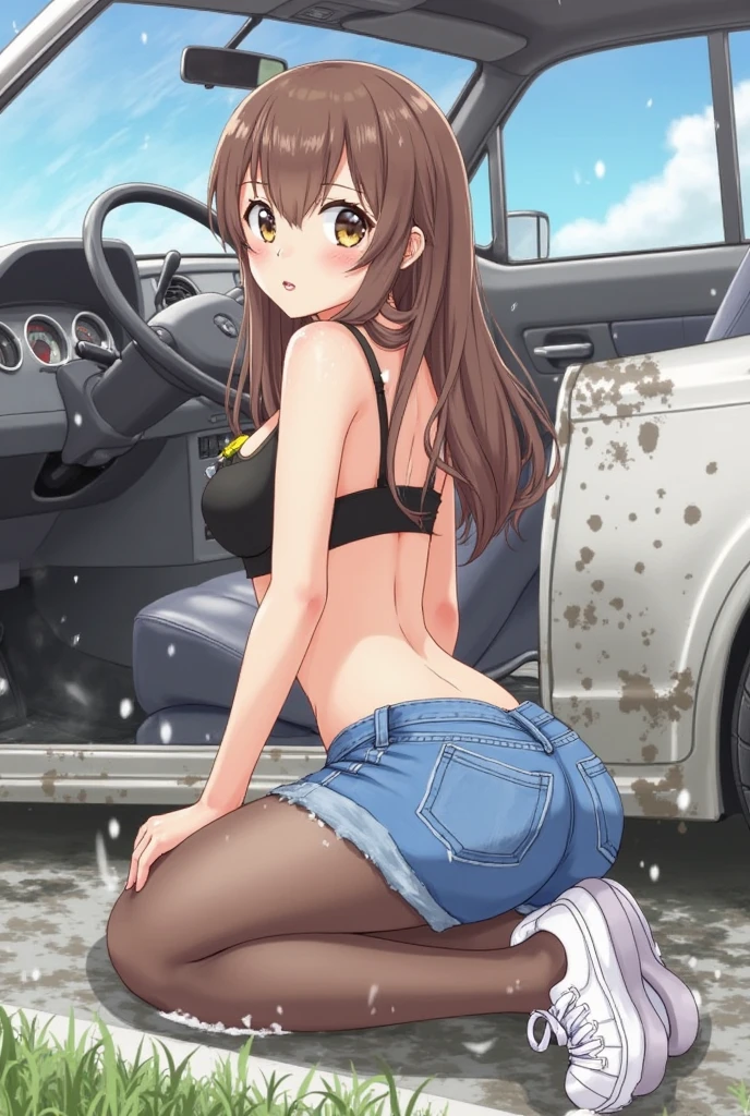 2 Asian girls, both farting together side by side, desperate to poop, farting while sitting in car, sitting down, wearing swimsuits, stomach bloated, hangs holding stomach, pained expression, shocked and embarrassed, mouth open in shock, sweating, blushing, beautiful and cute face, anime art style, fit body, tall and thin, view from back