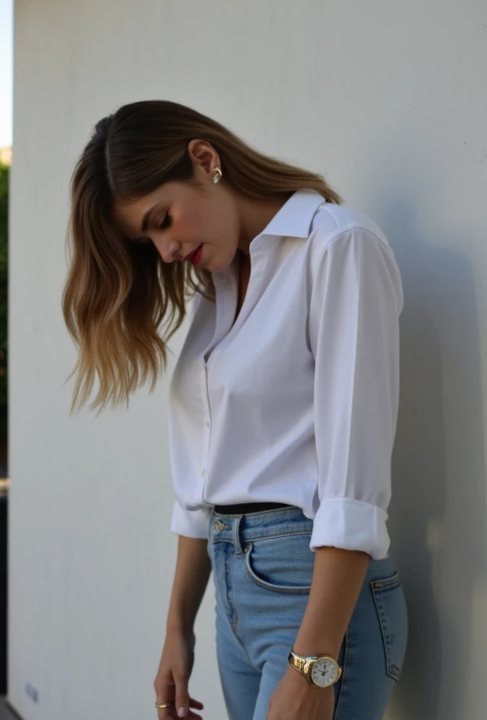 Photo complète hyper réaliste et détaillée de femmes suédoises sexy. portant jeans et chemise blanc. urban background. cheveux long noisette. Lumière vive. Des yeux parfaits, (Maquillage pour les yeux:1.1), (peau très détaillée:1.1), BRUT, style analogique, Netteté, 8k euh, Reflex numérique, haute qualité, Fujifilm XT3, grain, Primé, chef-d'œuvre
