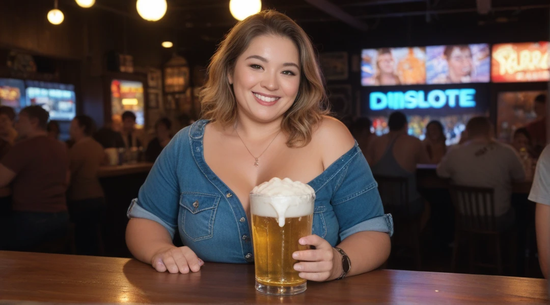 Fat girl with a very fat belly standing in a white t-shirt with a gray-green pattern on her chest, White t-shirt with grey and green pattern on the left, Round pattern on white t-shirt, The abdomen bulges very much, The jeans are very tight, You can see the navel