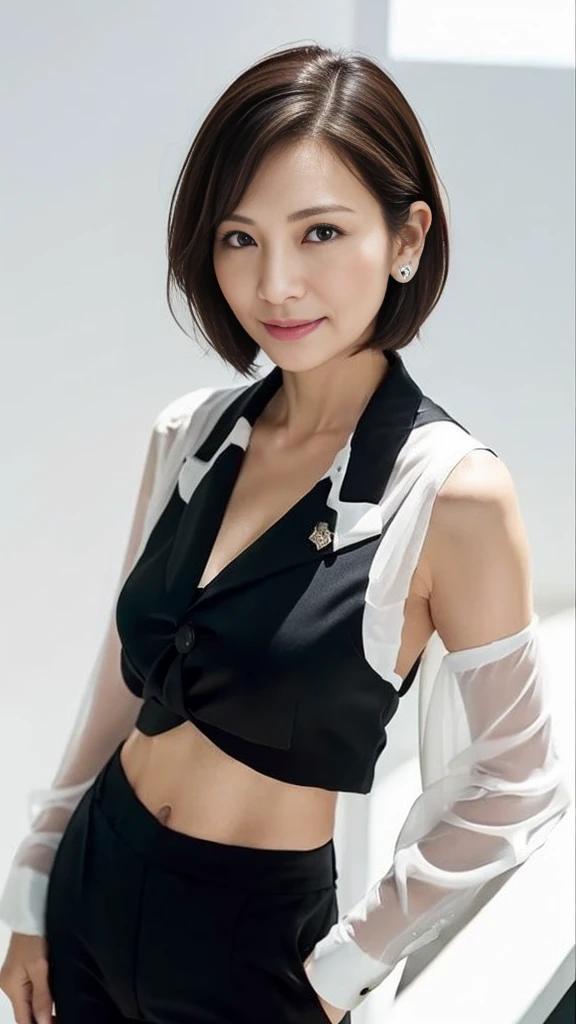 older sister.40 years old、Nipples pop out、（（Plain black background）Japanese、woman、（Glamour：1.2）、Light brown hair、no good，Surrealism、clair obscur、A little transparent、retina、Anatomically correct、Textured skin、Textured skin、Super detailed：Super detailedhigh quality、Attention to detail、Highest quality（（（Tabletop、Highest quality、High resolution、Attention to detail））））。Professional、High level of detail、Japanese、Full body photo（Attractive 45 year old woman：1.3）（Fascinating：1.1）（Large Breasts）Nipples 1.2（Pokies）1.3、See-through shirt、（Black leather mini skirt）、（mini skirt））、no good