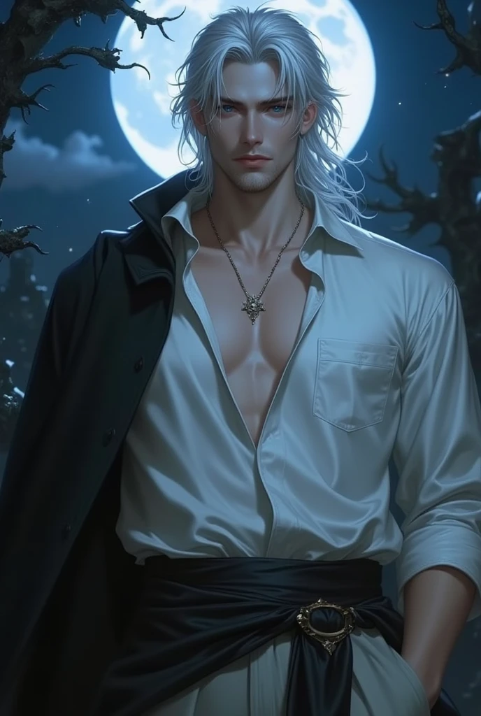 masterpiece, highest quality, (solo focus), (perfect face:1.1), (high detail:1.1),dramatic, 1guy, (pale skin), long white hair, white eyes, [light eyebrows], solo, long hair, moon, night, white luxury suit, covered navel, pouty lips, (beauty marks),  palace, detailed background, art by artgerm and greg rutkowski,  cinematic lighting, roses, suggestive