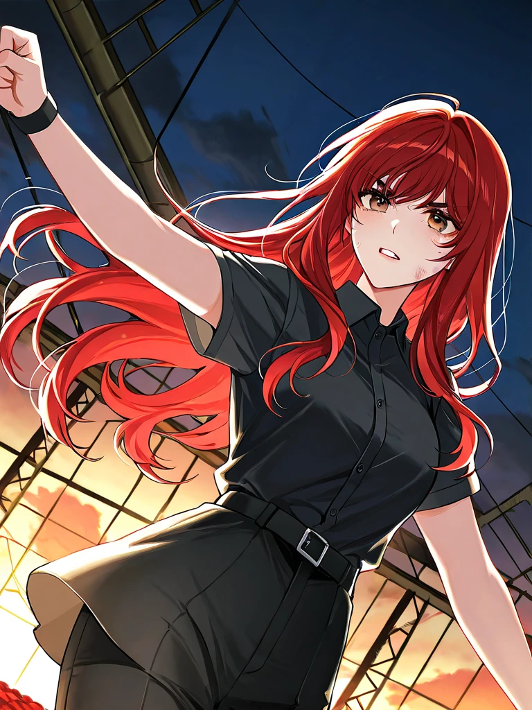 <lora:LightingVFXV2:0.4> Absurdres, 1girl, fighting in alley, leather jacket, angry (angry:0.9), lightning bolts, hair extensions (color: red), medium breast, leaning on fence.