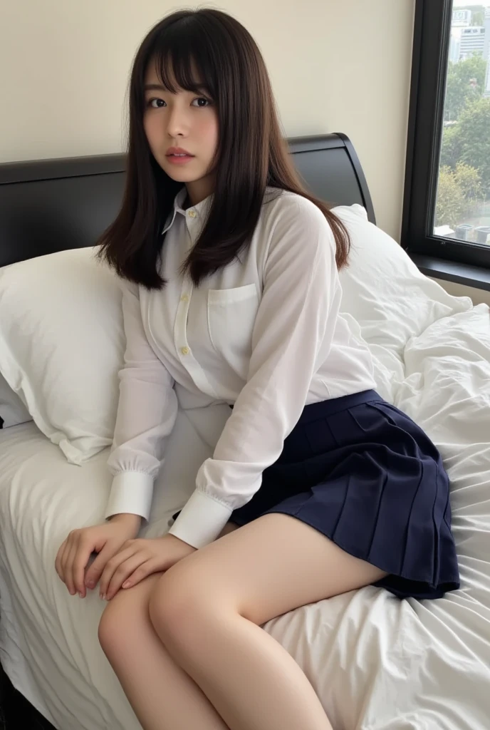 masterpiece, 1 woman per photo, full body shot, Composition looking down on the subject, young beautiful japanese woman, hyper pretty face, 18-year-old, close ~ eye, sleeping on a silk bed, please open your mouth wide, An unbuttoned short-sleeved shiny silky white collared shirt is worn directly over the naked body。, Untied shiny satin red plain bow tie, I'm wearing a navy blue pleated miniskirt, wearing white socks, big breasts, wet body, Clothes that show through with sweat, glossy lips, 華やかな見たeye, I&#39;m lying on my back with my legs spread out on a silk bed., silk pillow, silk bed sheets, double eyelids in both eye, natural makeup, long eyelashes, shiny smooth light brown hair, asymmetrical bangs, tanned skin, center image, 8K resolution, high detail, detailed hairstyle, detailed face, great cinematic lighting, octane rendering, lively, surreal, perfect limbs, perfect anatomy, (Real cat:1.3),, expression of ecstasy