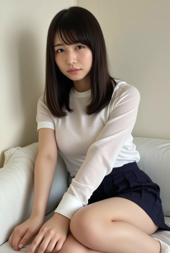 Reality,photo shoot、1 person: Satomi Ishihara、15 years old、smile、
cute、Hair Up Squatting、
The real face in front、Skirt Panties White、
Place your hands on your knees and spread your legs wide