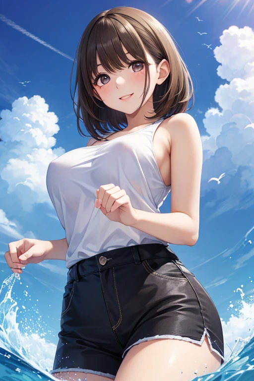 20-year-old,1 Girl, Extremely thick thighs, Surreal, 8K, (Extremely detailed 8K), (Very delicate and beautiful), (masterpiece), (Better Quality:1.0), (Ultra-high resolution:1.0), (masterpiece, Highest quality), cute,Black Hair,Laughing with your mouth open,Glowing Skin,, Short sleeve shirt,Leaning forward,Reaching out,Low - Angle,