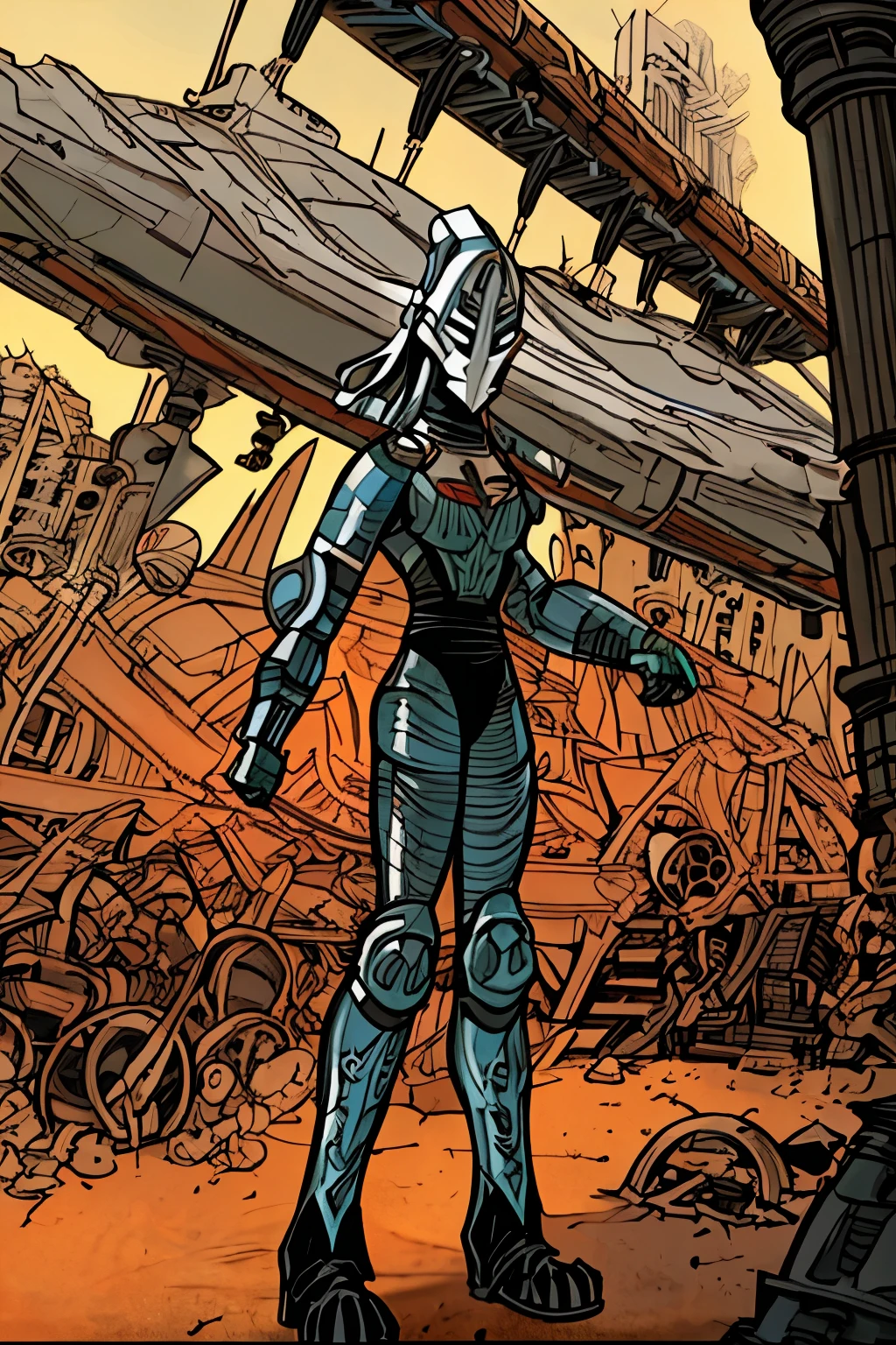 A retro Sci fi woman OC tribal pirate full body with full face helmet with original helmet