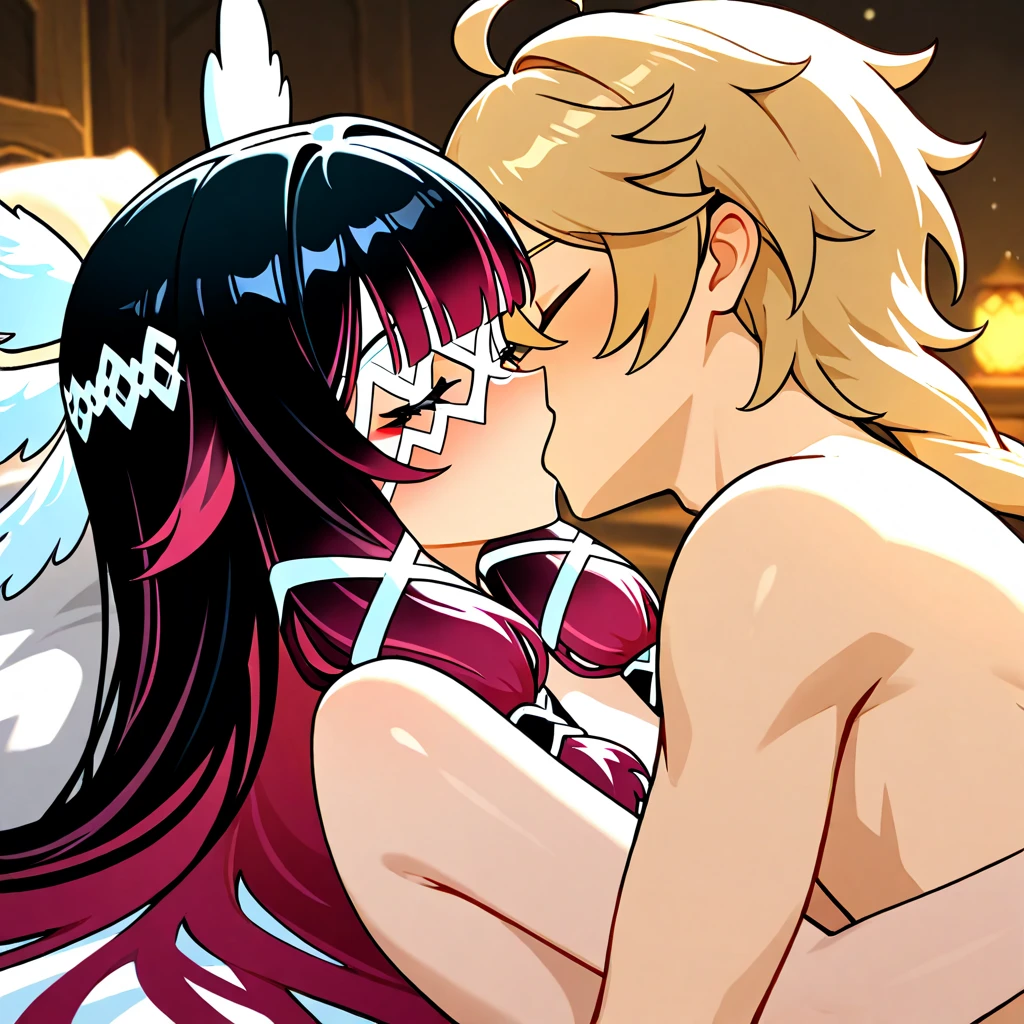 two share a kiss, tits