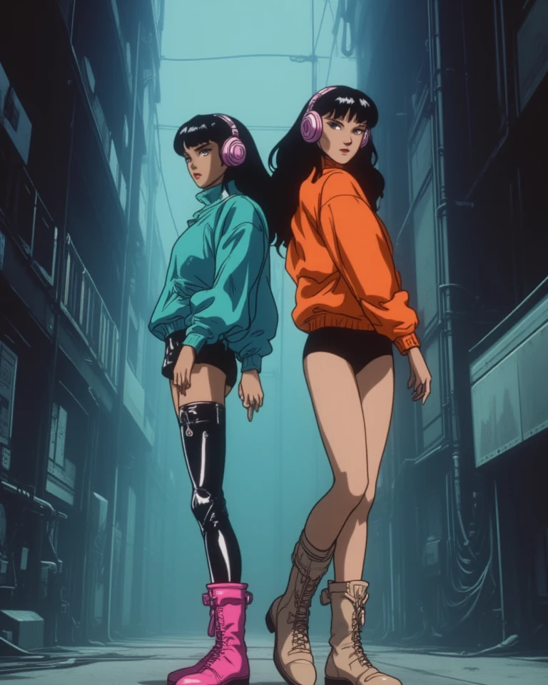  retro anime, 1990s anime, 1980s anime, (masterpiece), high-definition, vibrant colors, korean girl, big boobs, big hips, messy dark purple hair, orange eyes, crop top sweater, jacket, shorts, belt, thong, thigh high stockings, boots, fishnet, balcony, leaning on the railing, sunset
