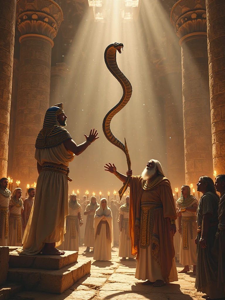 Create an image of Moses and Aaron where Moses&#39; Staff turns into a serpent in front of the Pharaoh King of Egypt 