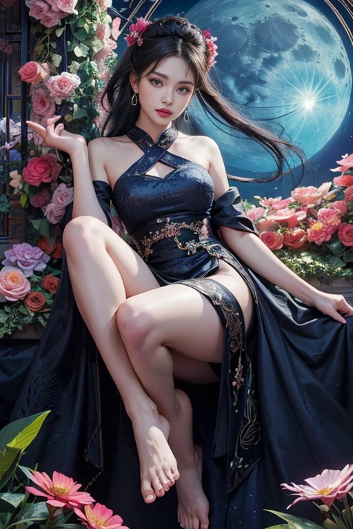 tmasterpiece,The photograph,Black-purple gradient hair,Long hair,Black cheongsam,Large breasts to expose cleavage,big breasts thin waist,Large butts,long legged,Flower arm tattoo,Flower leg tattoo,high-heeled,starrysky,A deep,Raised sexy,grieves,Desolation,barren --auto