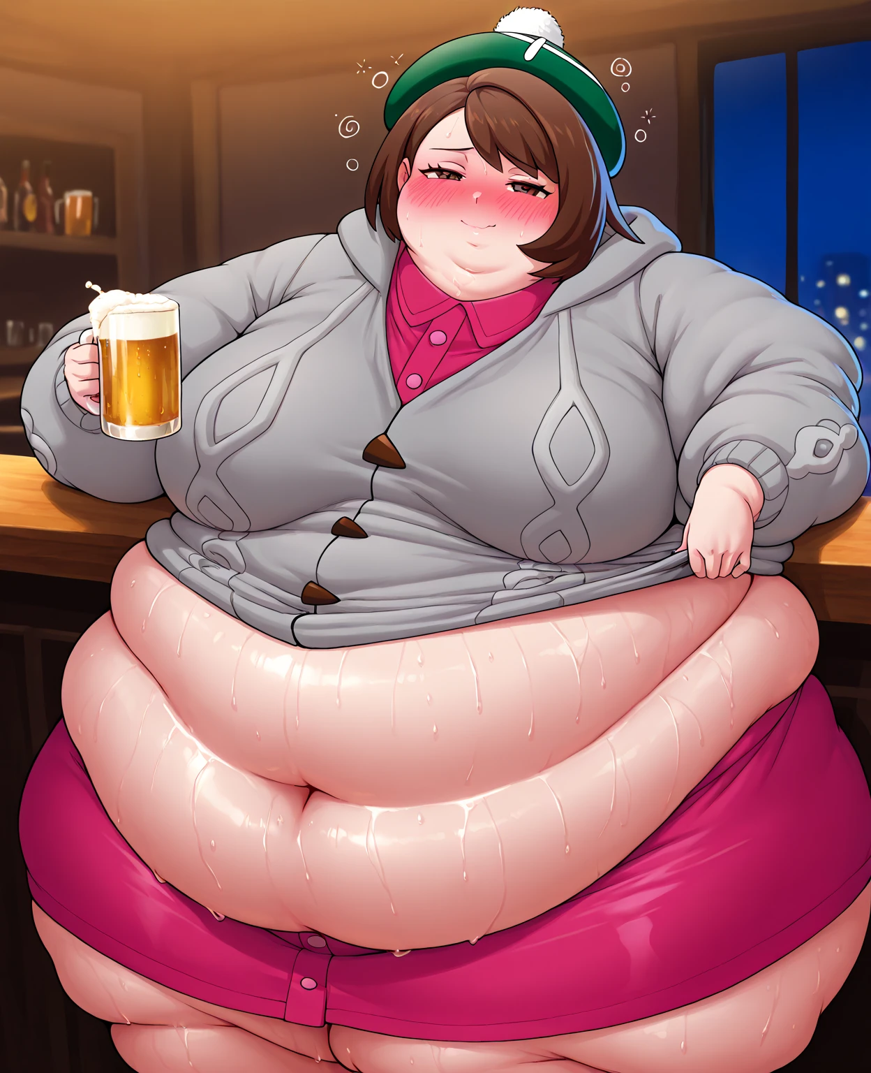 Miko Iino, fat, large belly, chubby, overweight, twin tails, Christmas, wearing sweater, eating, sitting down, table full of food, cookies,very fat