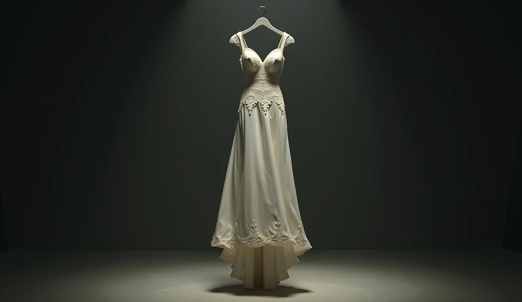 Realistic mannequin of woman in wedding dress in a glass display case. The mannequin is leaning on the video